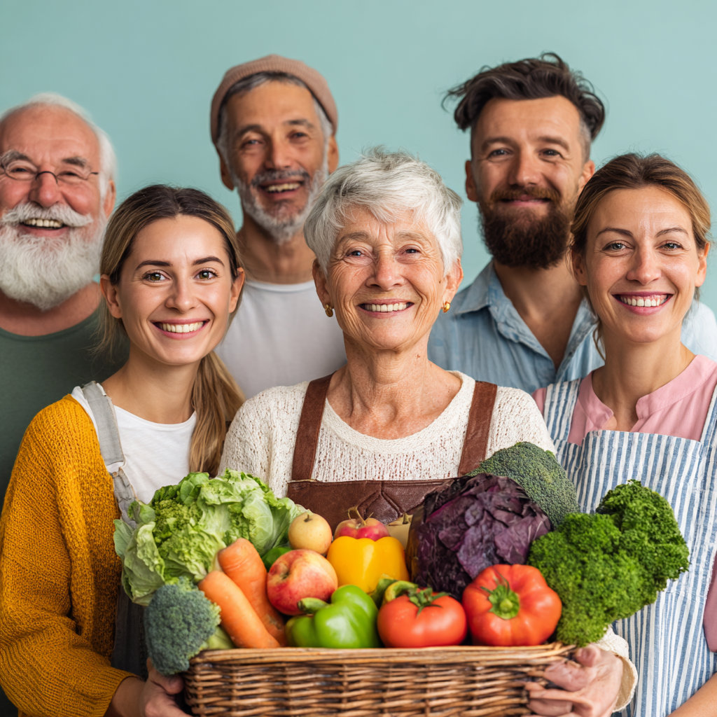 Mosolygós fiatal magyar felnőttek különböző korcsoportokból, egészséges étkezést terveznek a konyhában
