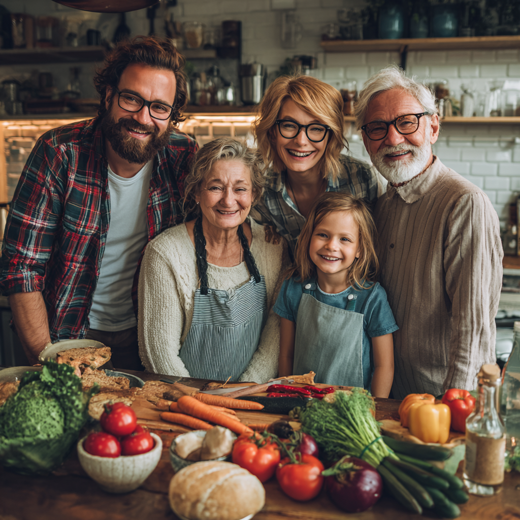 Középkorú magyar felnőttek boldogan készítenek egészséges ételt családi környezetben