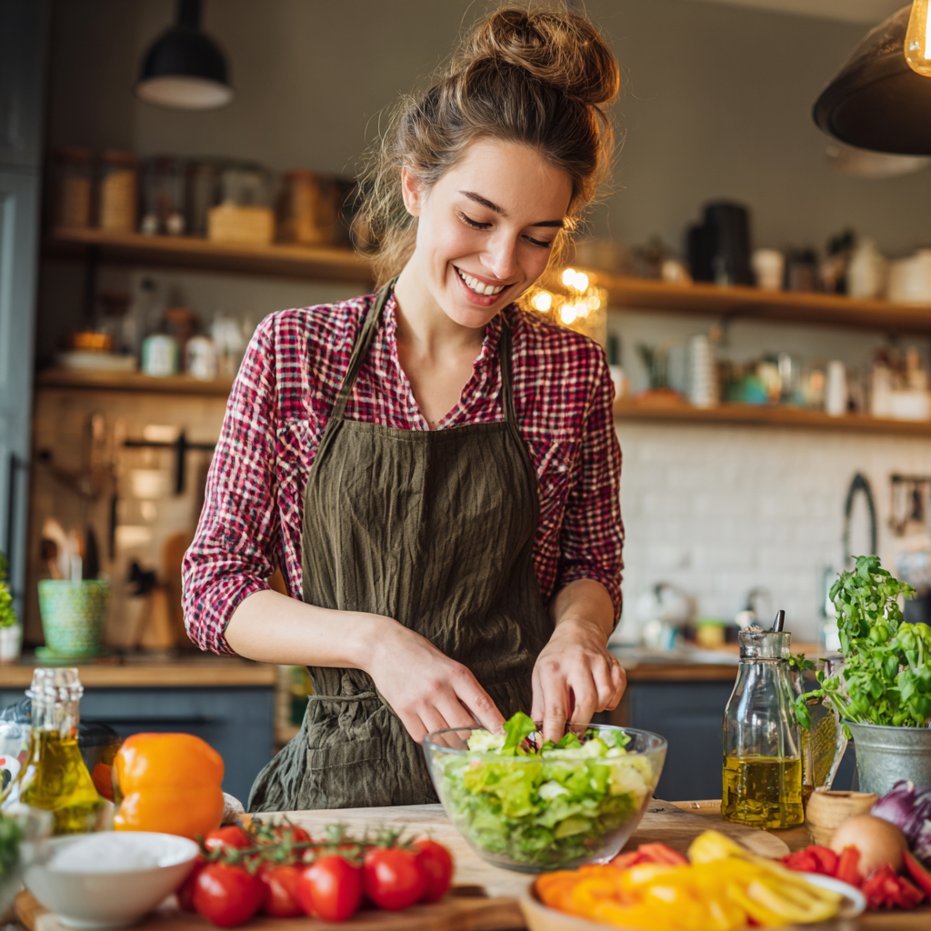 Idősebb magyar felnőttek mosolyogva főznek együtt, színes és egészséges hozzávalókkal körülvéve